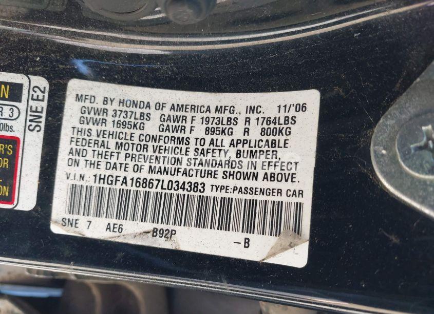 Photo 9 of 2007 Honda Civic EX (VIN 1HGFA16867L034383)
