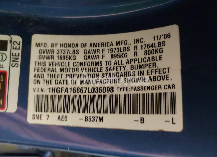 Photo 9 of 2007 Honda Civic EX (VIN 1HGFA16867L036098)