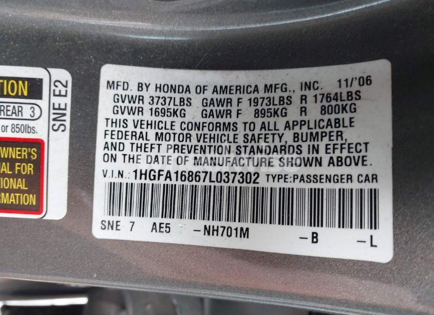 Photo 9 of 2007 Honda Civic EX (VIN 1HGFA16867L037302)