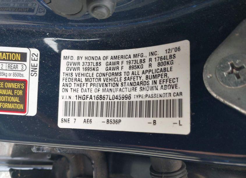 Photo 9 of 2007 Honda Civic EX (VIN 1HGFA16867L045996)