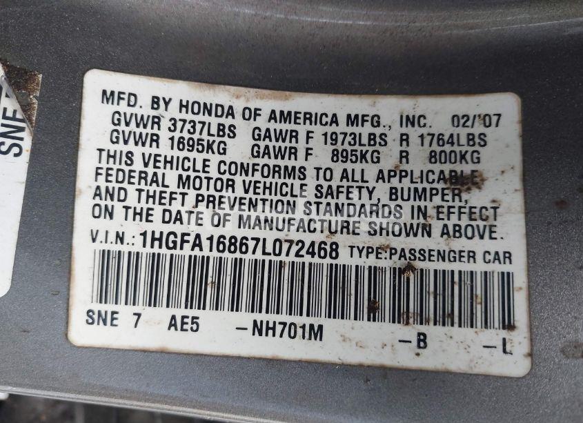 Photo 9 of 2007 Honda Civic EX (VIN 1HGFA16867L072468)