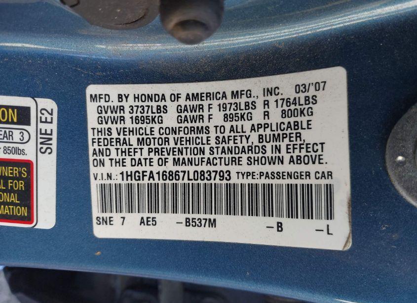 Photo 9 of 2007 Honda Civic EX (VIN 1HGFA16867L083793)