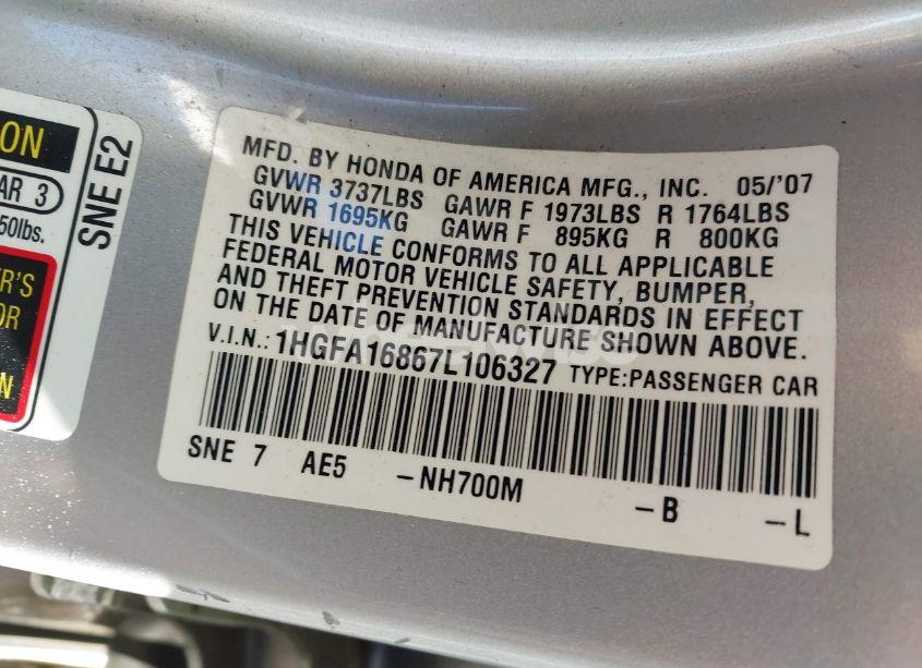 Photo 9 of 2007 Honda Civic EX (VIN 1HGFA16867L106327)