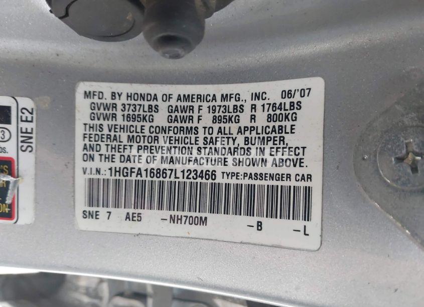 Photo 9 of 2007 Honda Civic EX (VIN 1HGFA16867L123466)
