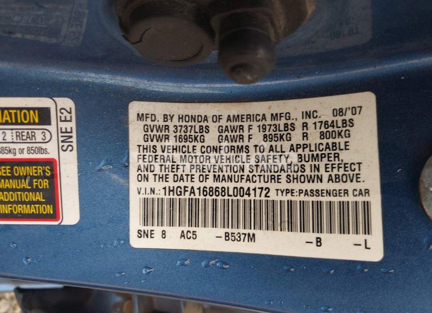 Photo 9 of 2008 Honda Civic EX (VIN 1HGFA16868L004172)