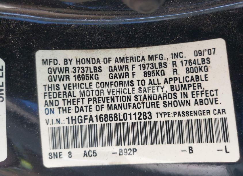 Photo 9 of 2008 Honda Civic EX (VIN 1HGFA16868L011283)