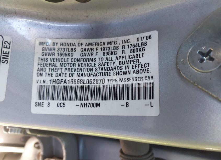 Photo 9 of 2008 Honda Civic EX (VIN 1HGFA16868L052870)