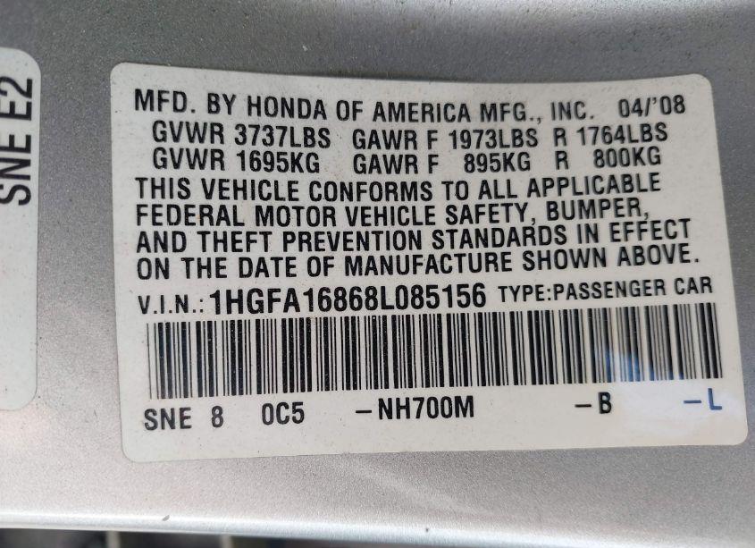 Photo 9 of 2008 Honda Civic EX (VIN 1HGFA16868L085156)