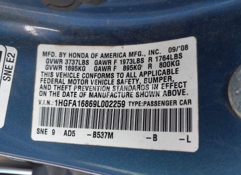 Photo 9 of 2009 Honda Civic EX (VIN 1HGFA16869L002259)