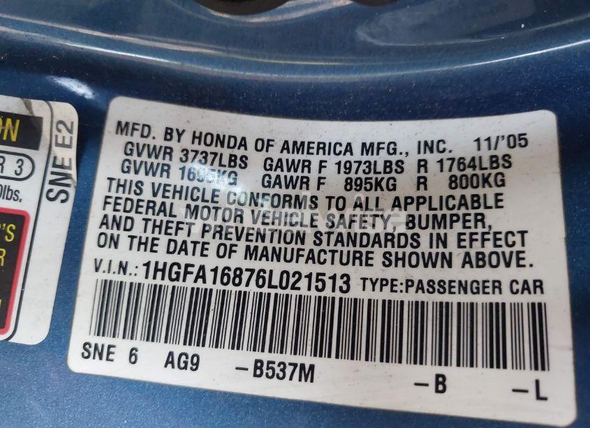Photo 9 of 2006 Honda Civic EX (VIN 1HGFA16876L021513)