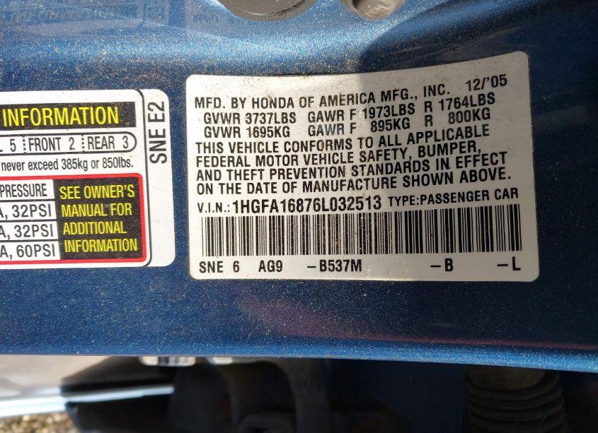 Photo 9 of 2006 Honda Civic EX (VIN 1HGFA16876L032513)