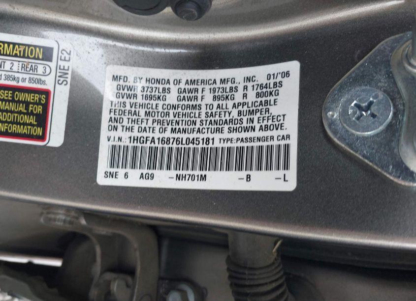 Photo 9 of 2006 Honda Civic EX (VIN 1HGFA16876L045181)