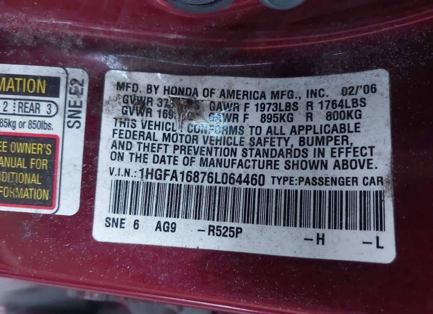 Photo 9 of 2006 Honda Civic EX (VIN 1HGFA16876L064460)