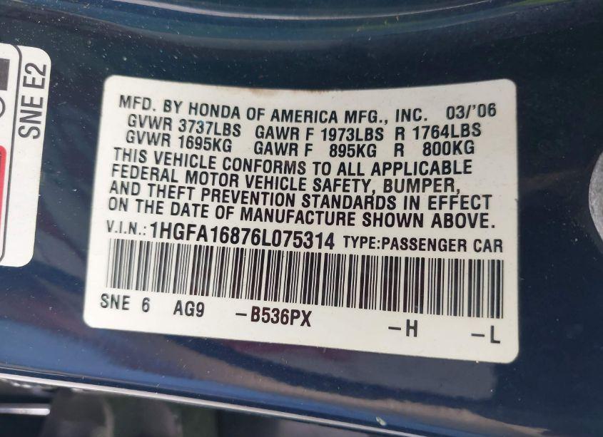 Photo 9 of 2006 Honda Civic EX (VIN 1HGFA16876L075314)