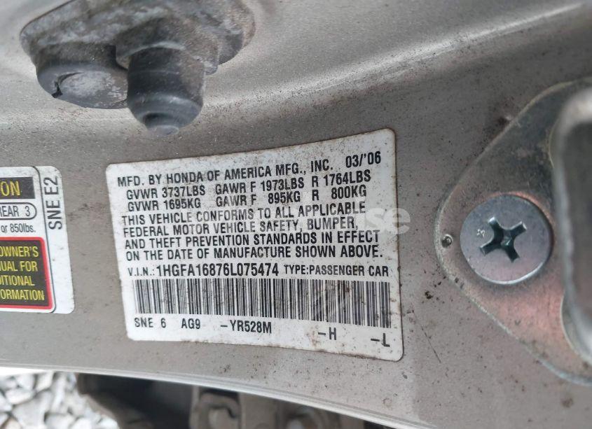 Photo 9 of 2006 Honda Civic EX (VIN 1HGFA16876L075474)