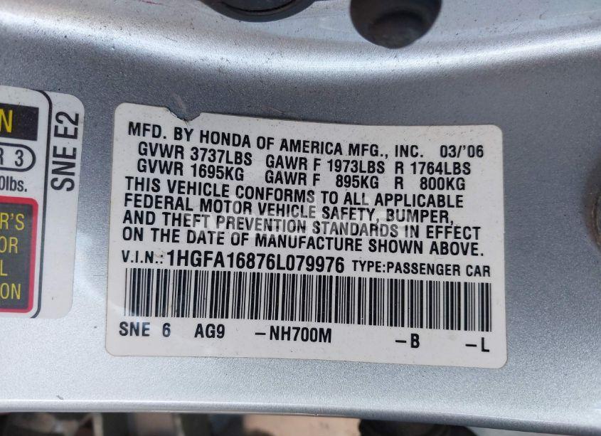 Photo 9 of 2006 Honda Civic EX (VIN 1HGFA16876L079976)