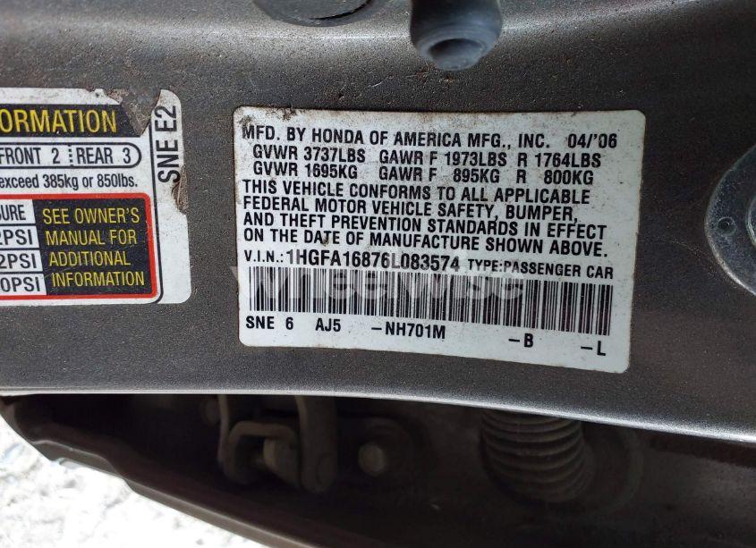 Photo 9 of 2006 Honda Civic EX (VIN 1HGFA16876L083574)