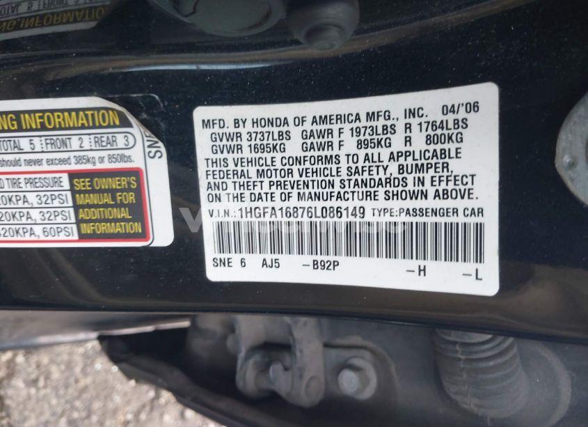 Photo 9 of 2006 Honda Civic EX (VIN 1HGFA16876L086149)