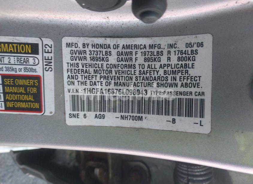 Photo 9 of 2006 Honda Civic EX (VIN 1HGFA16876L098043)