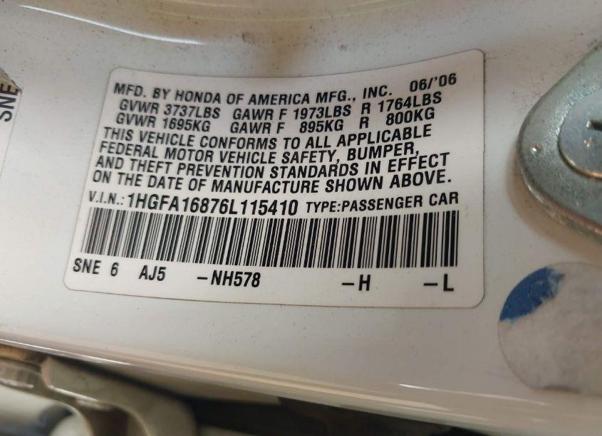 Photo 9 of 2006 Honda Civic EX (VIN 1HGFA16876L115410)