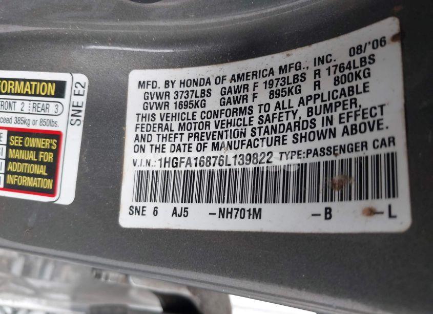 Photo 9 of 2006 Honda Civic EX (VIN 1HGFA16876L139822)