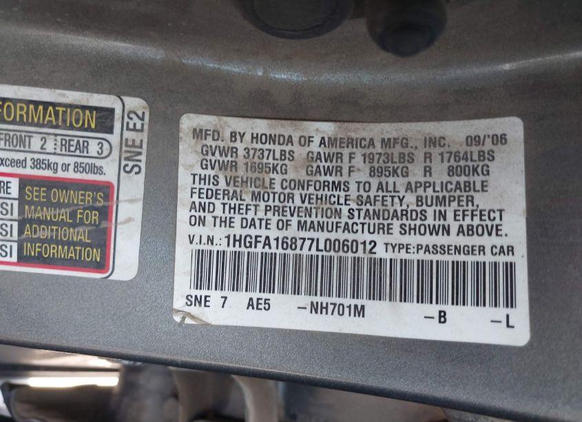 Photo 9 of 2007 Honda Civic EX (VIN 1HGFA16877L006012)