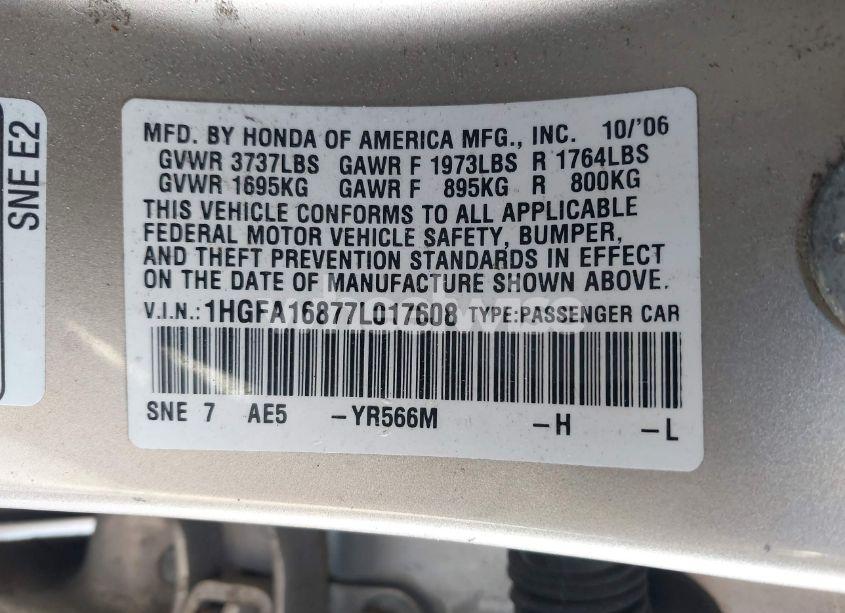 Photo 9 of 2007 Honda Civic EX (VIN 1HGFA16877L017608)