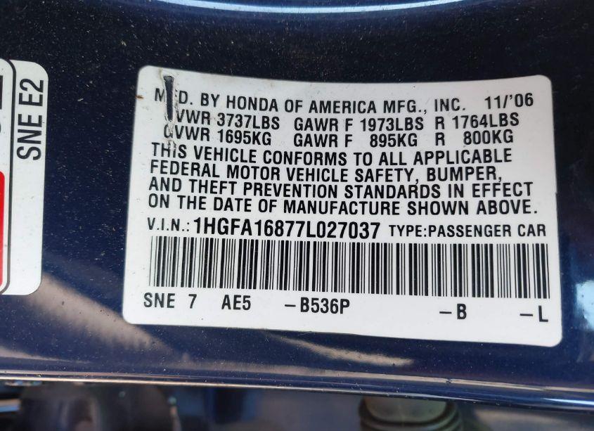 Photo 9 of 2007 Honda Civic EX (VIN 1HGFA16877L027037)