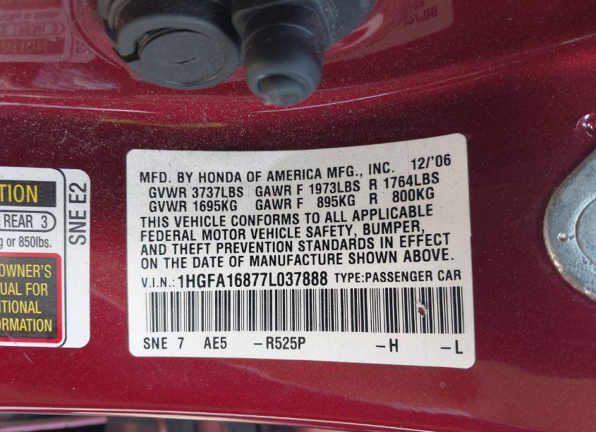Photo 9 of 2007 Honda Civic EX (VIN 1HGFA16877L037888)
