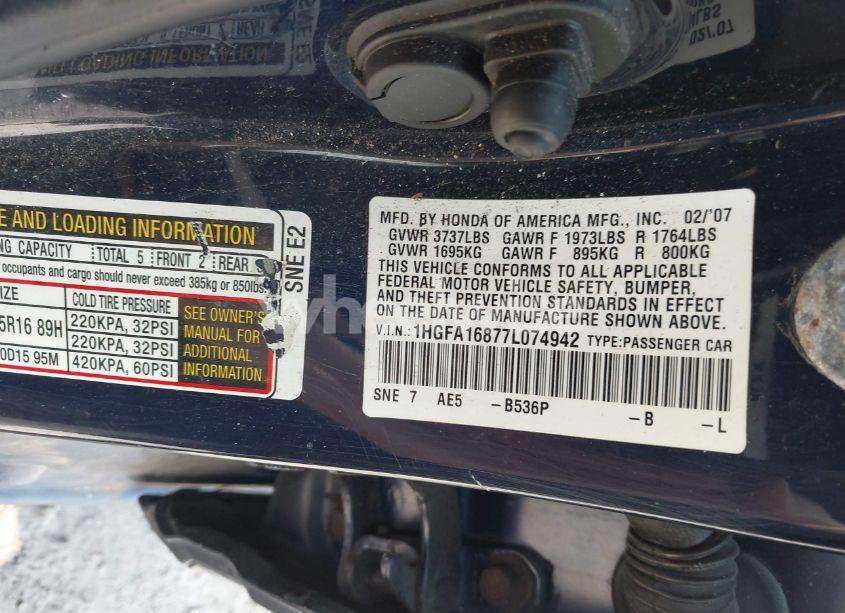 Photo 9 of 2007 Honda Civic EX (VIN 1HGFA16877L074942)