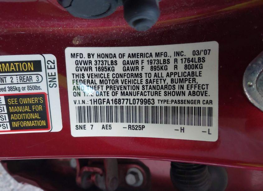 Photo 9 of 2007 Honda Civic EX (VIN 1HGFA16877L079963)