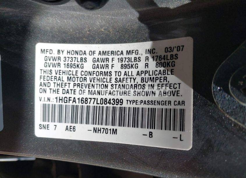 Photo 9 of 2007 Honda Civic EX (VIN 1HGFA16877L084399)