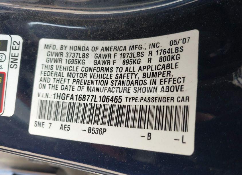 Photo 9 of 2007 Honda Civic EX (VIN 1HGFA16877L106465)