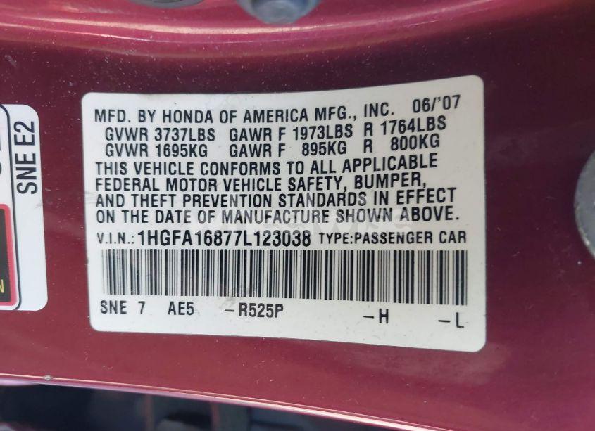 Photo 9 of 2007 Honda Civic EX (VIN 1HGFA16877L123038)