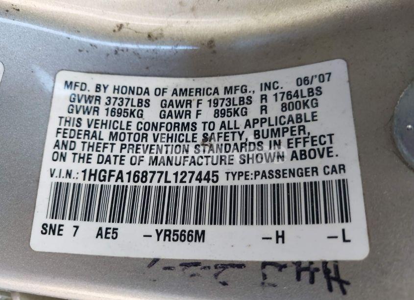 Photo 9 of 2007 Honda Civic EX (VIN 1HGFA16877L127445)