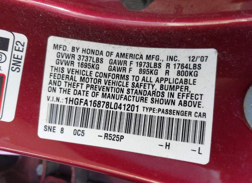 Photo 9 of 2008 Honda Civic EX (VIN 1HGFA16878L041201)