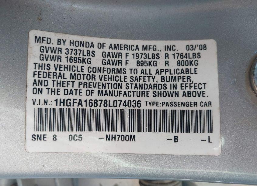 Photo 9 of 2008 Honda Civic EX (VIN 1HGFA16878L074036)