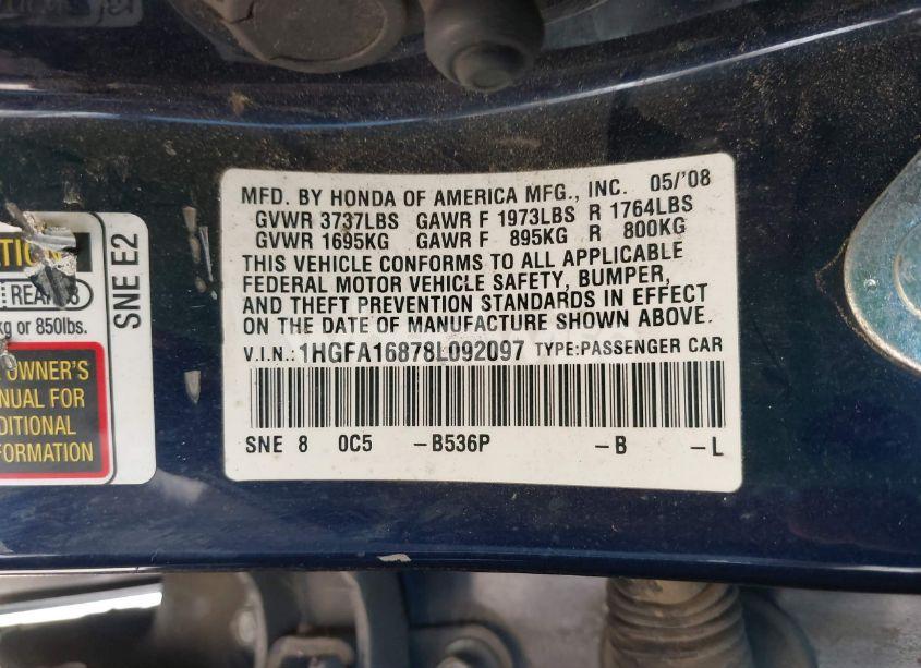 Photo 9 of 2008 Honda Civic EX (VIN 1HGFA16878L092097)