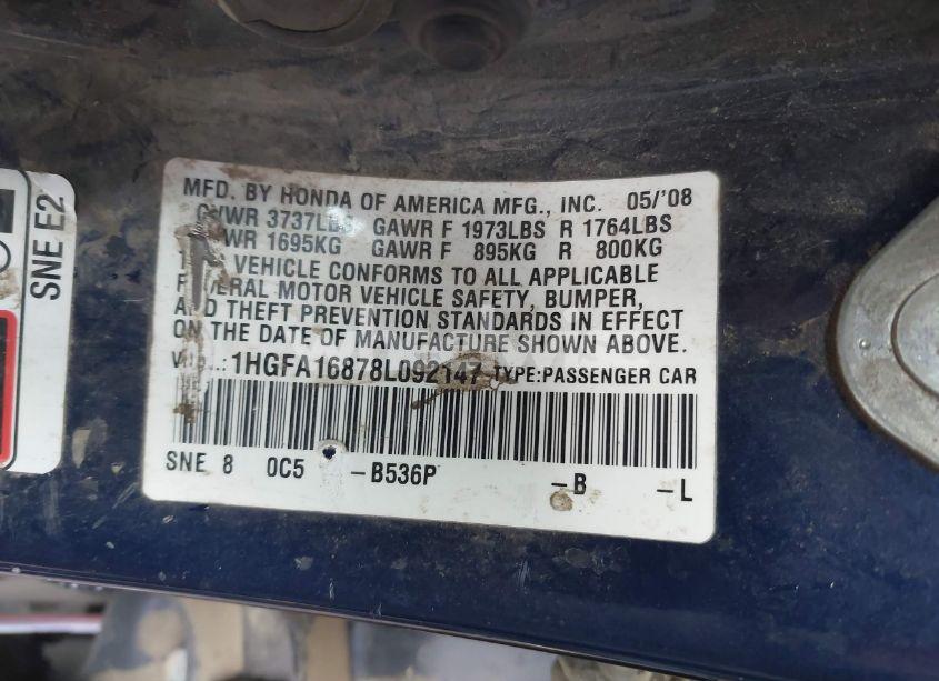 Photo 9 of 2008 Honda Civic EX (VIN 1HGFA16878L092147)