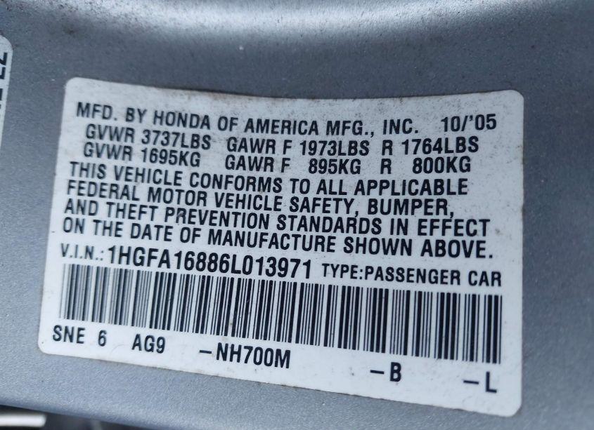 Photo 9 of 2006 Honda Civic EX (VIN 1HGFA16886L013971)