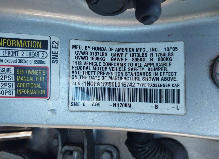 Photo 9 of 2006 Honda Civic EX (VIN 1HGFA16886L016742)