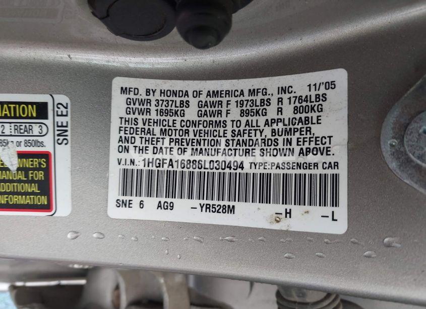 Photo 9 of 2006 Honda Civic EX (VIN 1HGFA16886L030494)