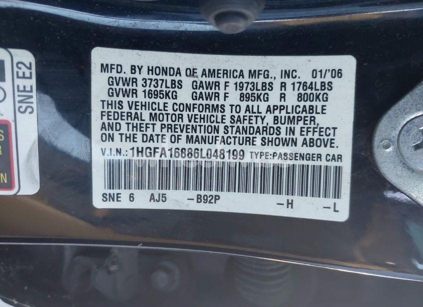 Photo 9 of 2006 Honda Civic EX (VIN 1HGFA16886L048199)