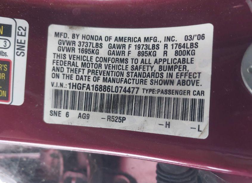 Photo 9 of 2006 Honda Civic EX (VIN 1HGFA16886L074477)