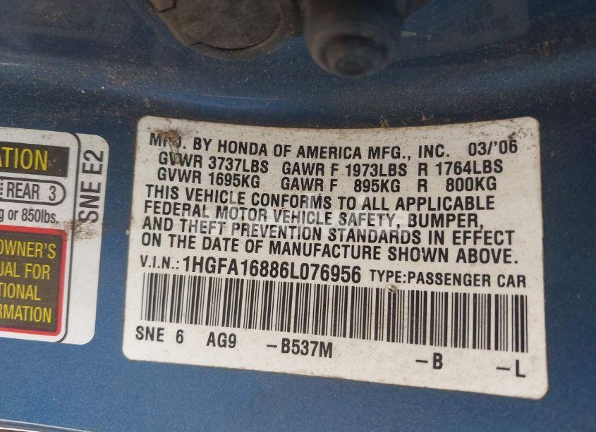 Photo 9 of 2006 Honda Civic EX (VIN 1HGFA16886L076956)