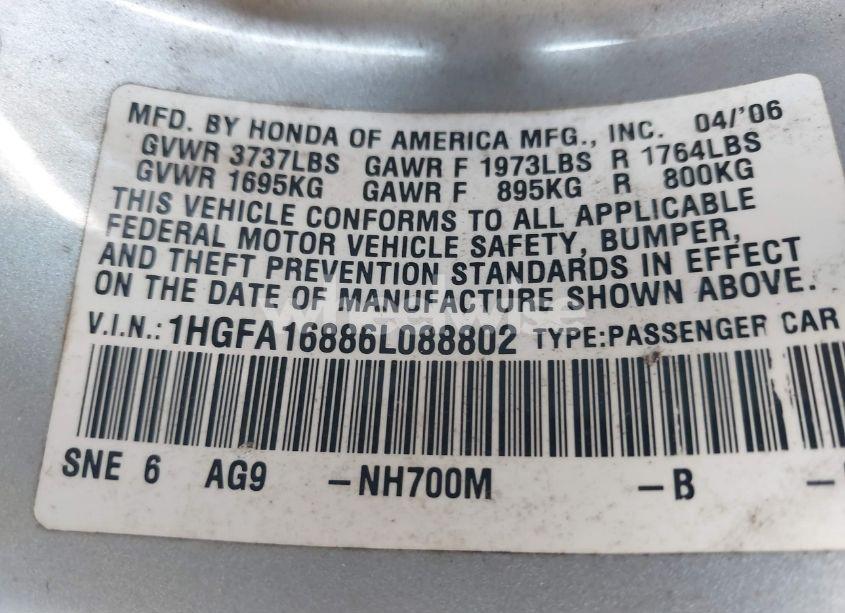 Photo 9 of 2006 Honda Civic EX (VIN 1HGFA16886L088802)