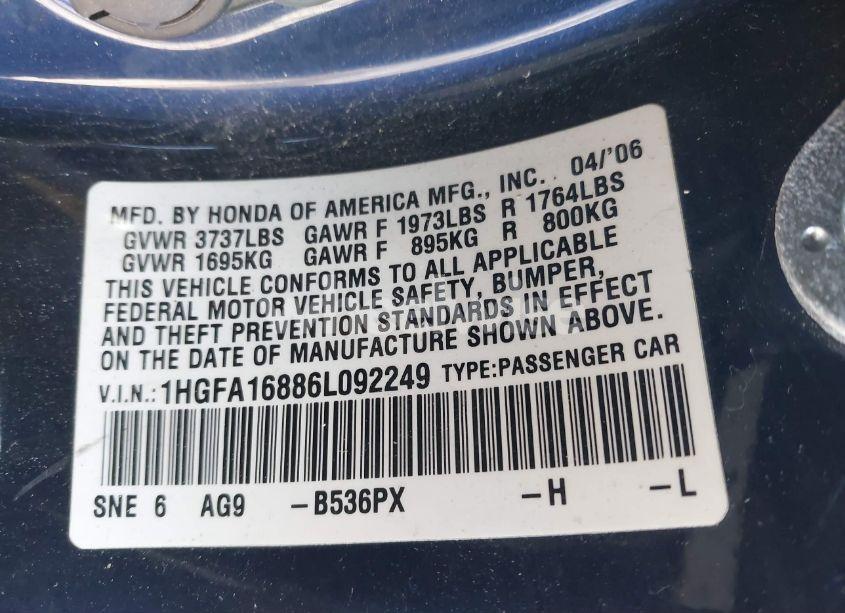Photo 9 of 2006 Honda Civic EX (VIN 1HGFA16886L092249)