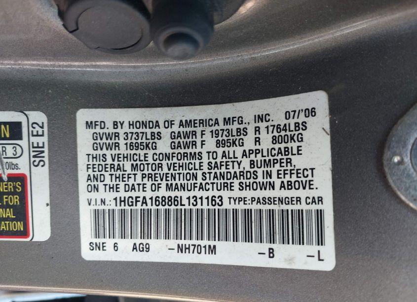 Photo 9 of 2006 Honda Civic EX (VIN 1HGFA16886L131163)