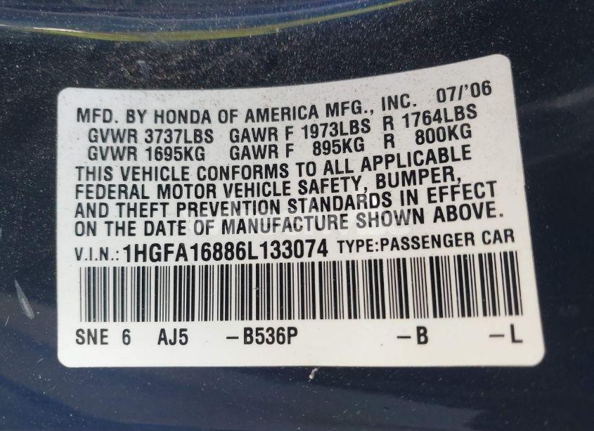 Photo 9 of 2006 Honda Civic EX (VIN 1HGFA16886L133074)