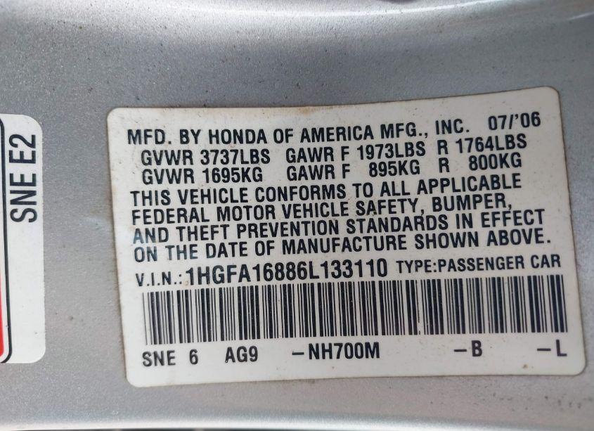 Photo 9 of 2006 Honda Civic EX (VIN 1HGFA16886L133110)